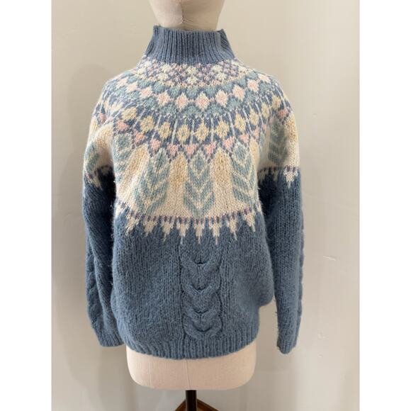 Vtg Wool Women's M Hand Knit Ski Sweater Blue Fair Isle MNZ Cottagecore Prairie - Picture 2 of 10